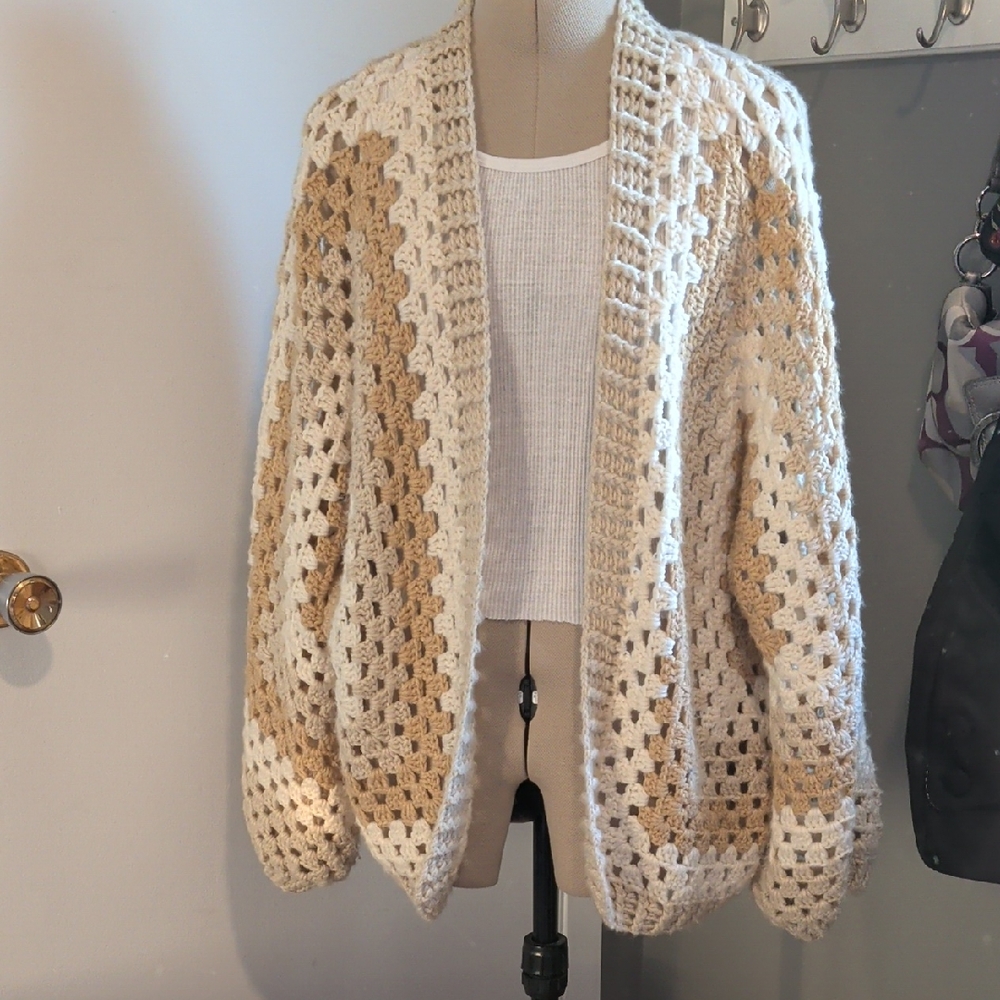 Cozy Crochet Open-Front Sweater - Cream and Tan